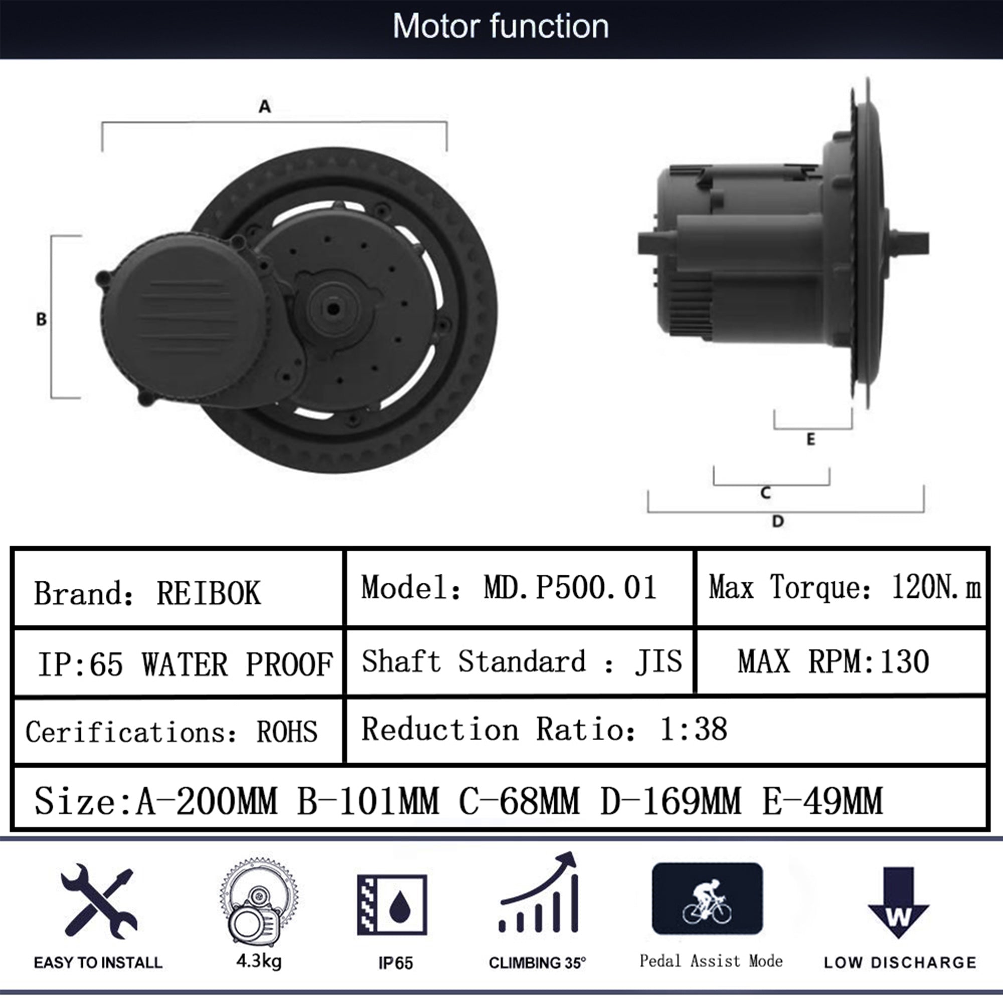 Rayback Motor Rattan REIBOK 48V 500W Mid Drive Motor